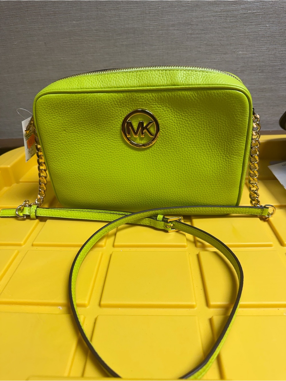 MICHAEL KORS Neon Lime Pebbled Leather Crossbody with Gold-Tone MK Logo
